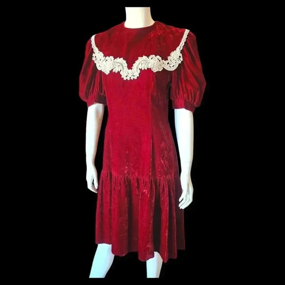 VINTAGE 80s Gunne Sax Red Velvet & Lace Midi Party Dress M - Picture 7 of 15